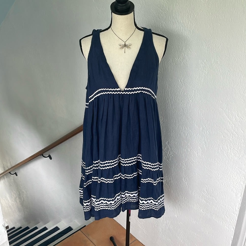 The SHANTY‎ CORPORATION Dress Navy Linen Dress White Rick Rack Trim size small